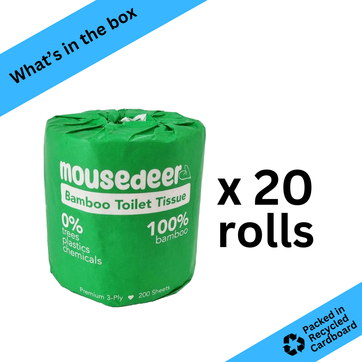 Mousedeer Bamboo Toilet Tissue Paper, 3-Ply, 20 Wrapped Rolls x 200 Sheets, Unbleached Toilet tissue paper Chevrotain