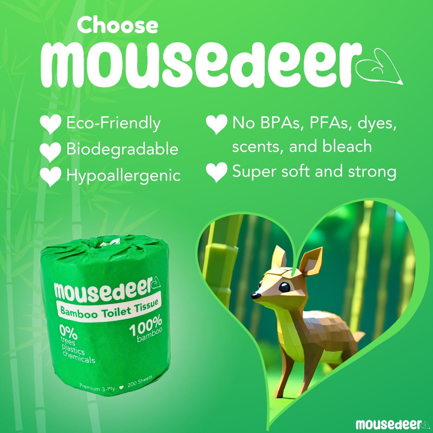 Mousedeer Bamboo Toilet Tissue Paper, 3-Ply, 20 Wrapped Rolls x 200 Sheets, Unbleached Toilet tissue paper Chevrotain