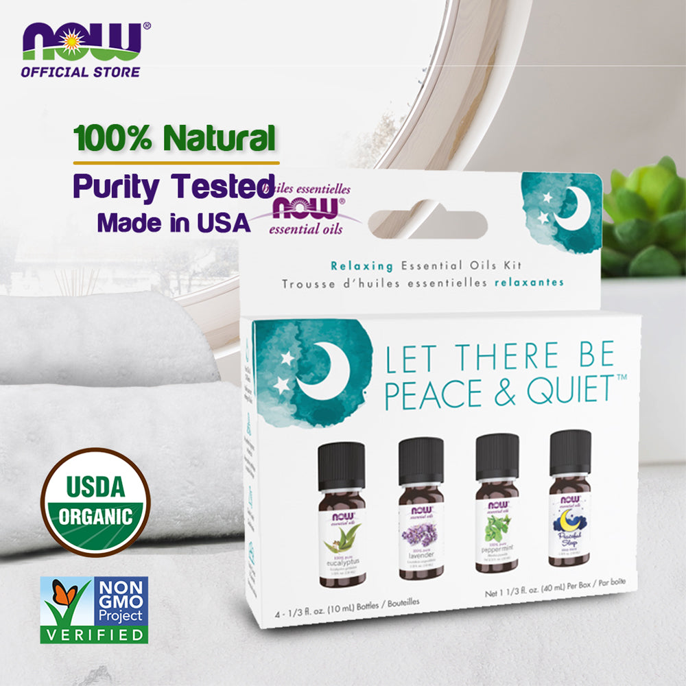 NOW Let There Be Peace & Quiet Aromatherapy Kit, 4x 10ml Incl Lavender Oil, Peppermint Oil, Eucalyptus Oil and Peaceful Sleep Oil Blend Essential oils NOW Foods USA