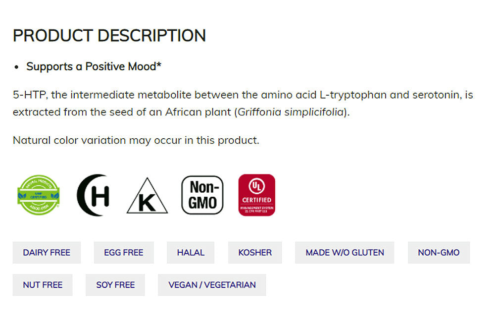 NOW Supplements, 5-HTP (5-hydroxytryptophan) 100 mg, Neurotransmitter Support*, 60 Veg Capsules - Bloom Concept