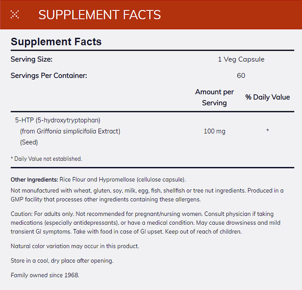NOW Supplements, 5-HTP (5-hydroxytryptophan) 100 mg, Neurotransmitter Support*, 60 Veg Capsules - Bloom Concept