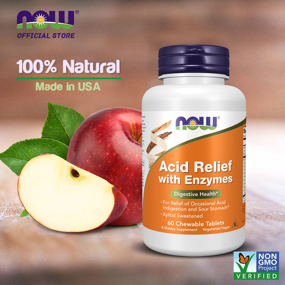 NOW Supplements, Acid Relief with Enzymes, Xylitol Sweetened, Digestive Health*, 60 Chewables Vitamins & Supplements NOW Foods USA