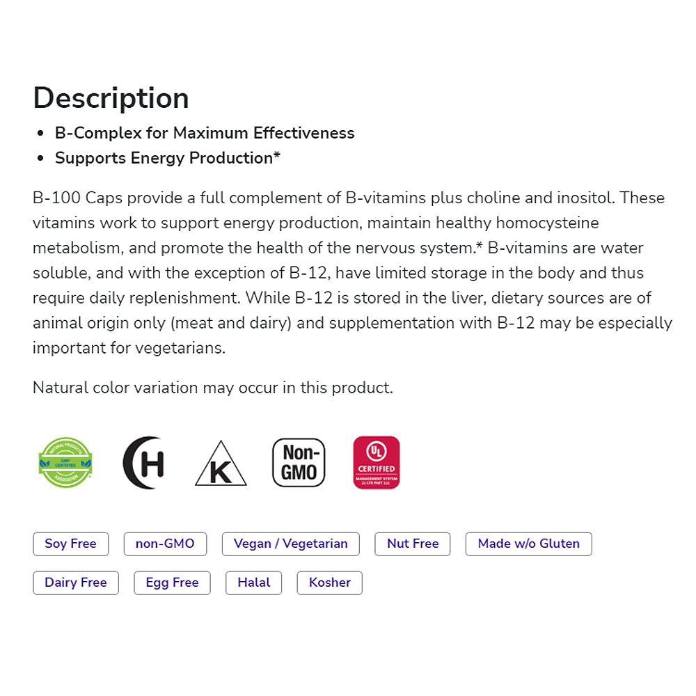 NOW Supplements, Vitamin B-100, Energy Production*, Nervous System Health*, 100 Veg Capsules Vitamins & Supplements NOW Foods USA