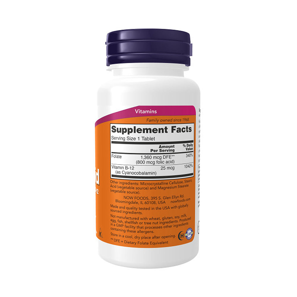 NOW Supplements, Folic Acid 800 mcg + B-12 (Cyanocobalamin) 25 mcg, B Complex Vitamin, 250 Tablets - Bloom Concept