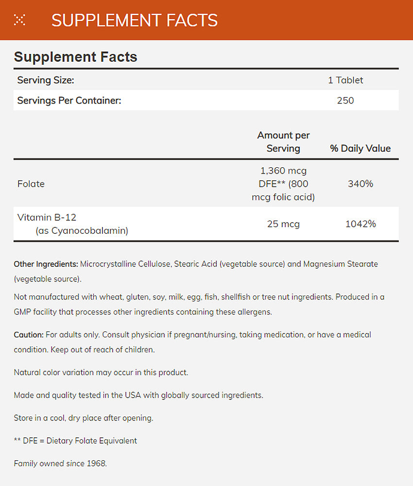 NOW Supplements, Folic Acid 800 mcg + B-12 (Cyanocobalamin) 25 mcg, B Complex Vitamin, 250 Tablets - Bloom Concept
