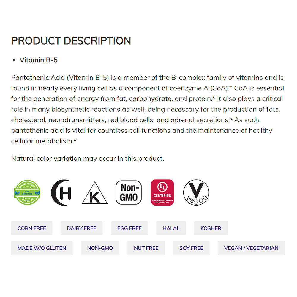 NOW Supplements, Pantothenic Acid (Vitamin B-5) 500 mg, B-Complex Vitamin, 100 Capsules - Bloom Concept
