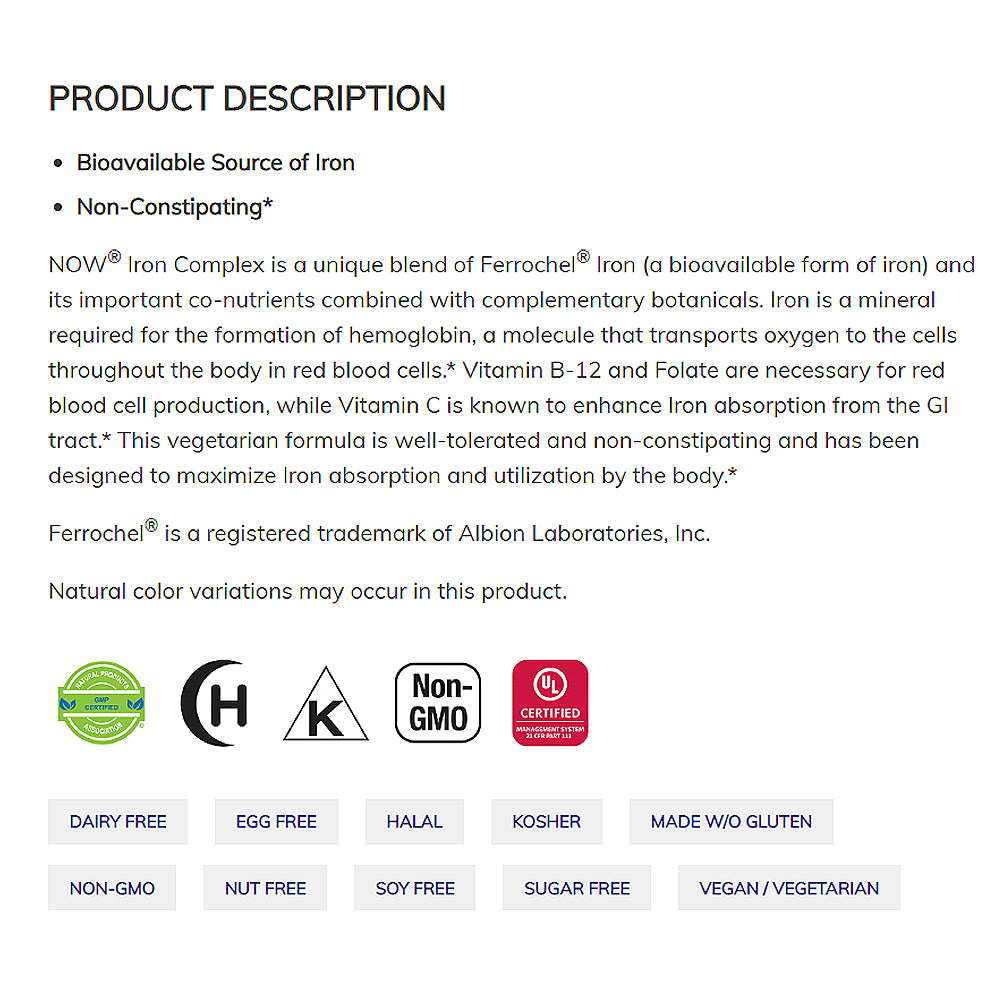 NOW Supplements, Iron Complex, Non-Constipating*, Essential Mineral, 100 Tablets - Bloom Concept