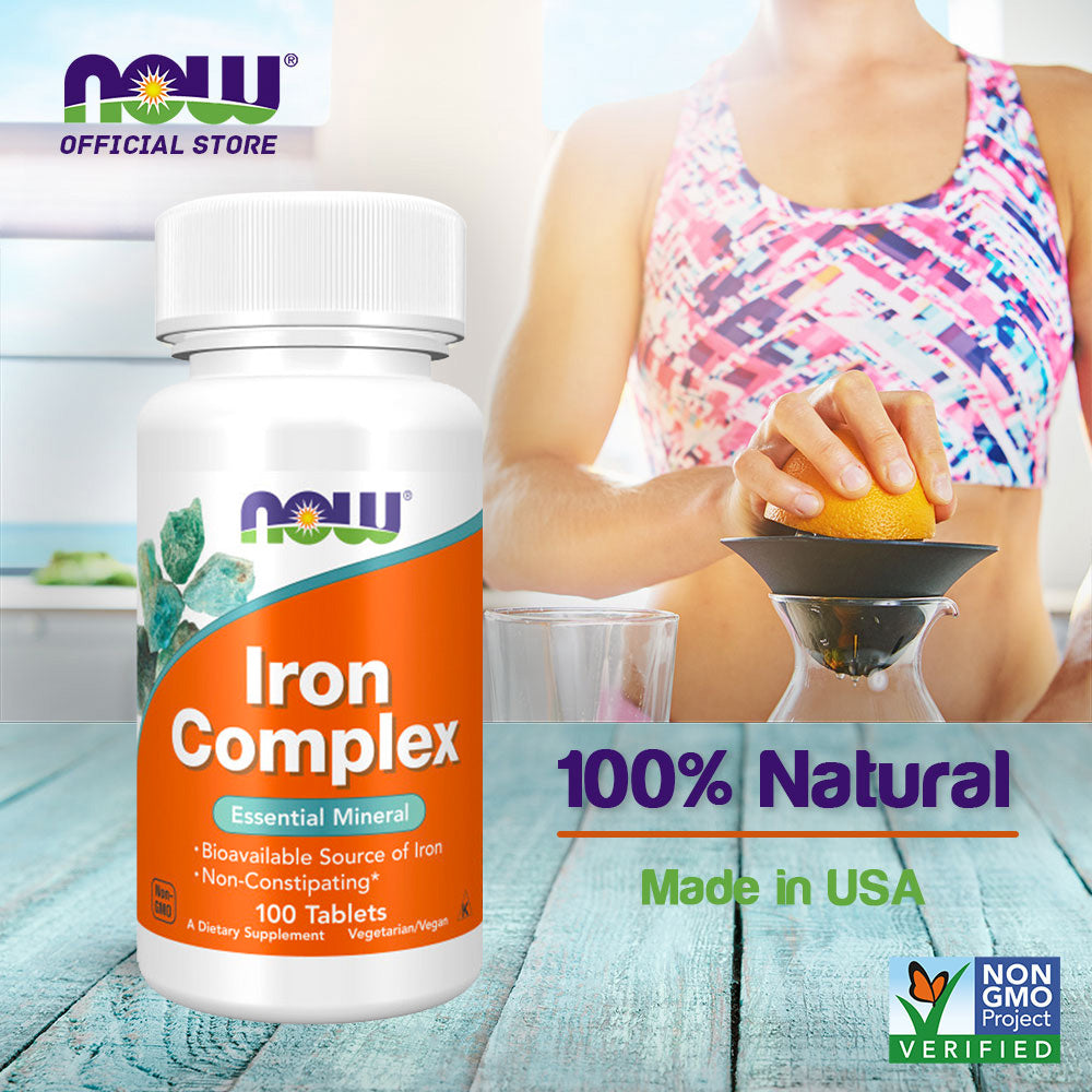 NOW Supplements, Iron Complex, Non-Constipating*, Essential Mineral, 100 Tablets - Bloom Concept