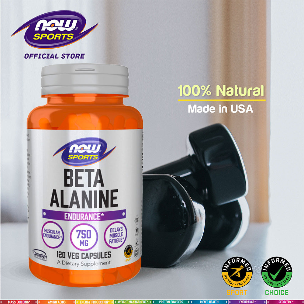 NOW FOODS Sports Nutrition, Beta-Alanine 750 mg, Delays Muscle Fatigue*, Endurance*, 120 Veg Capsules - Bloom Concept