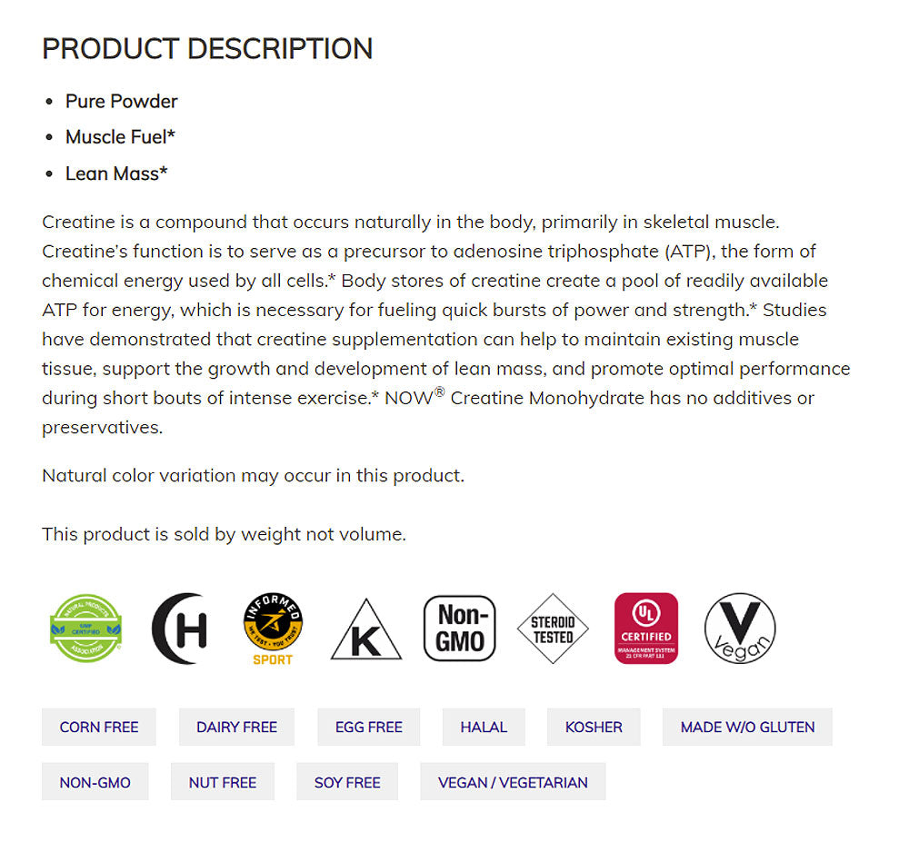 NOW Sports Nutrition, Creatine Monohydrate Powder, Mass Building*/Energy Production*, 2.2-Pound (1 kg) Vitamins & Supplements NOW Foods USA