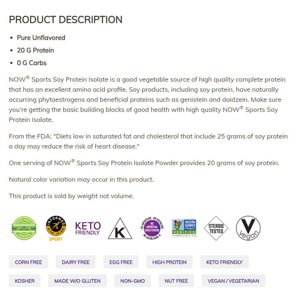 NOW Sports Nutrition, Soy Protein Isolate 20 g, 0 Carbs, Unflavored Powder, 2-Pound (907 g) - Bloom Concept