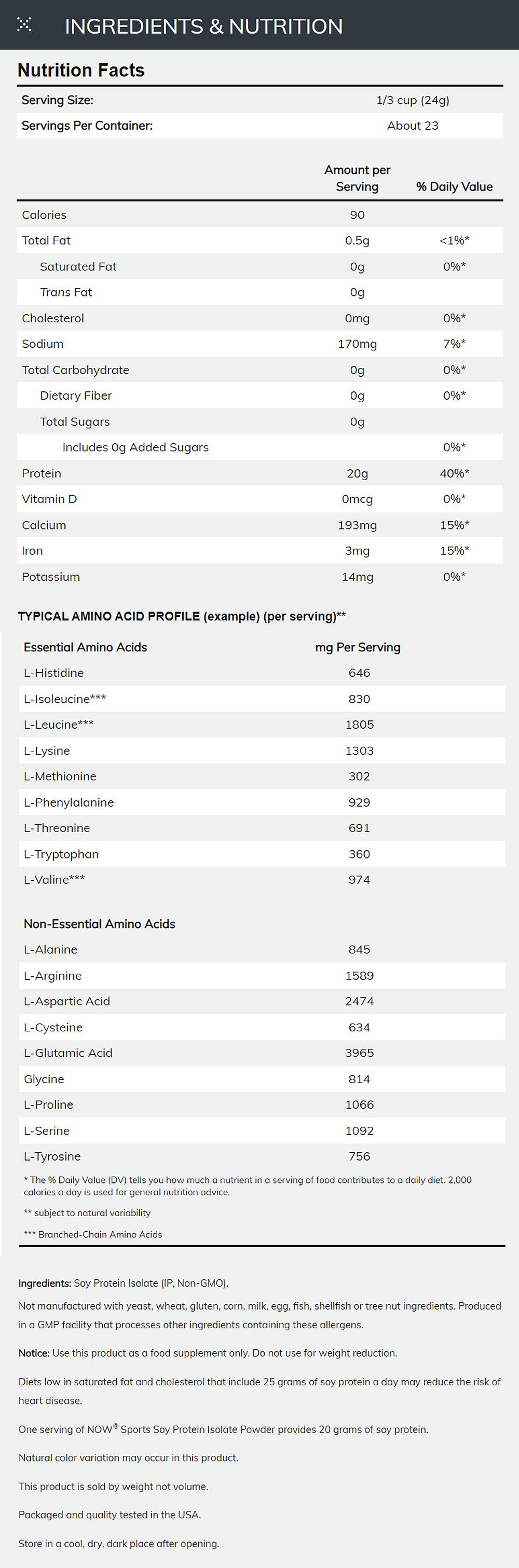 NOW Sports Nutrition, Soy Protein Isolate 20 g, 0 Carbs, Unflavored Powder, 2-Pound (907 g) Vitamins & Supplements NOW Foods USA