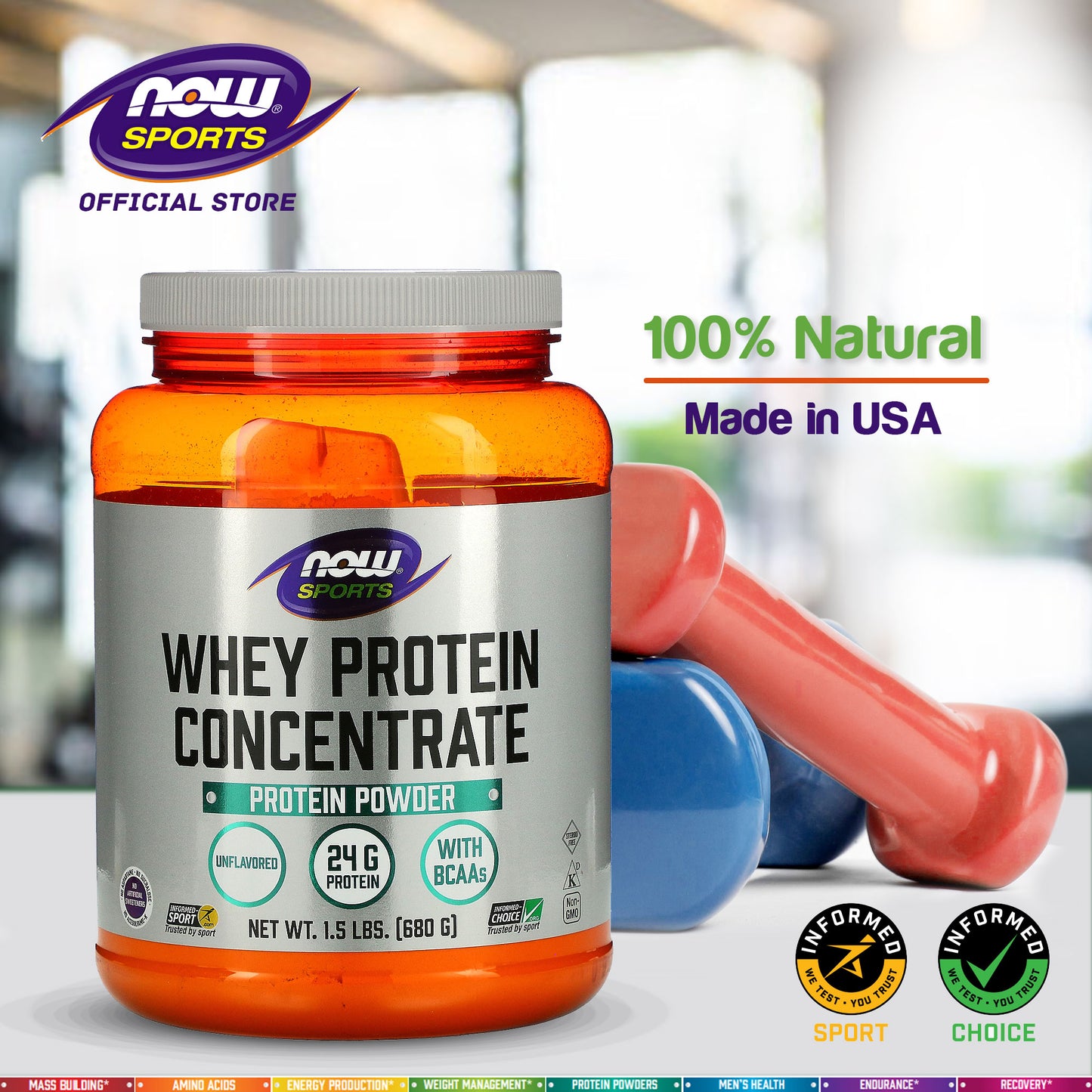 NOW Sports Nutrition, Whey Protein Concentrate, 24 g With BCAAs, Unflavored Powder, 1.5-Pound (680 g) - Bloom Concept