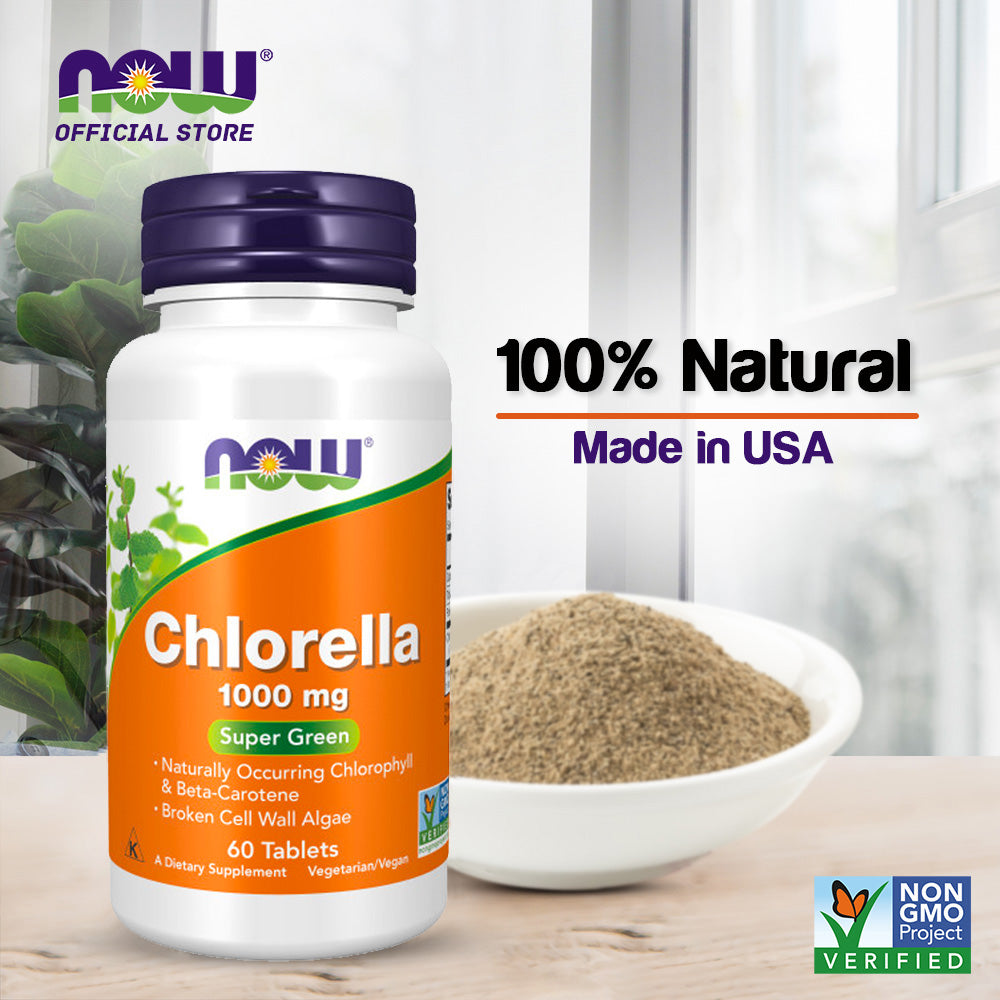 NOW Supplements, Chlorella 1000 mg with naturally occurring Chlorophyll, Beta-Carotene, mixed Carotenoids, Vitamin C, Iron and Protein, 60 Tablets Vitamins & Supplements NOW Foods USA