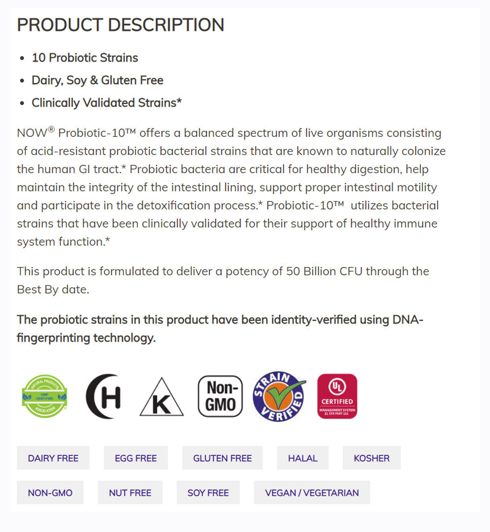 NOW Supplements, Probiotic-10™, 50 Billion, with 10 Probiotic Strains, Strain Verified, 50 Veg Capsules - Bloom Concept