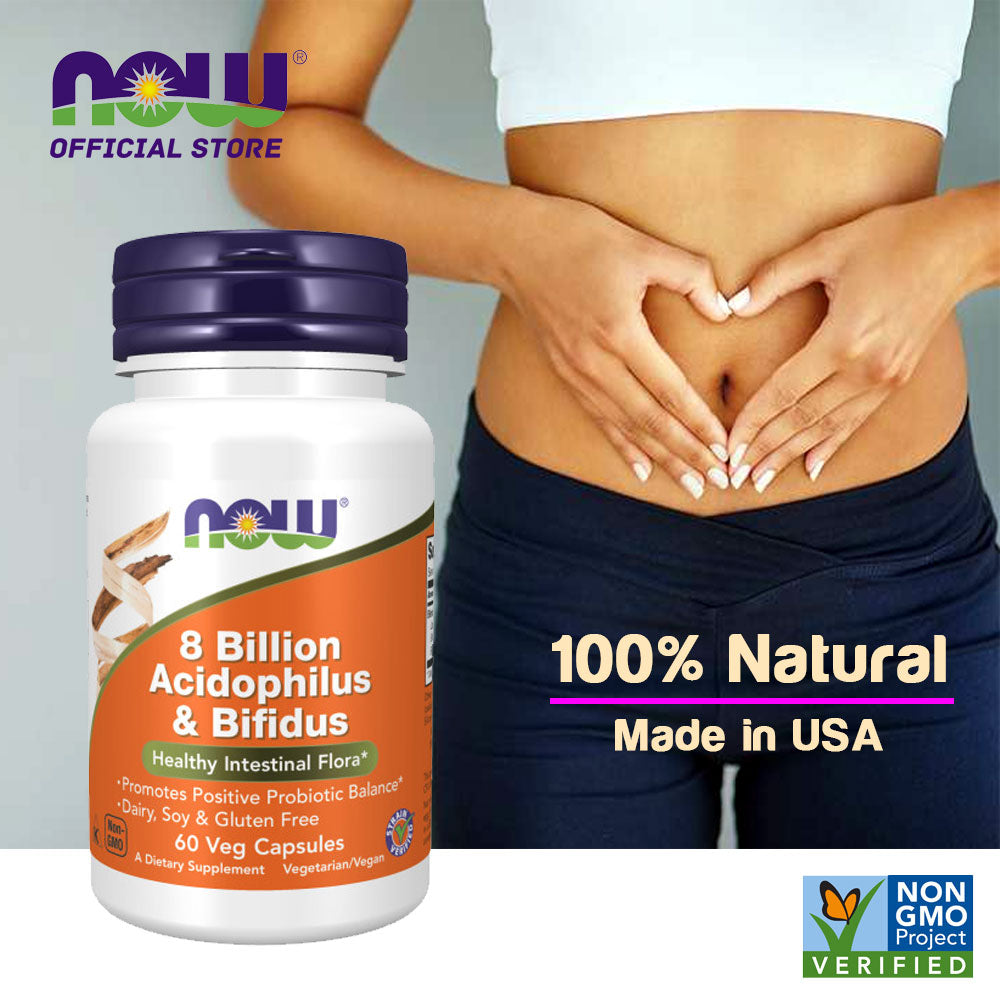 NOW Supplements, 8 Billion Acidophilus & Bifidus, Dairy, Soy and Gluten Free, Strain Verified, 60 Veg Capsules - Bloom Concept
