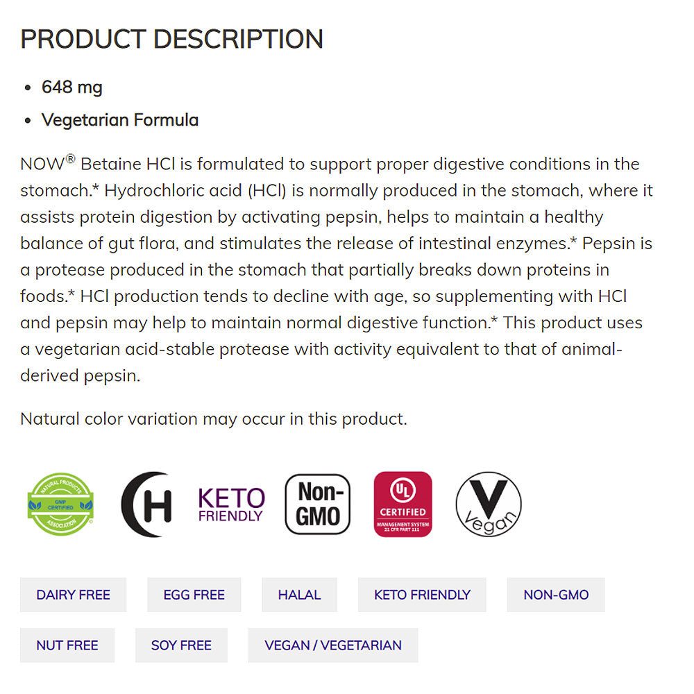 NOW Supplements, Betaine HCl 648 mg, Vegetarian Formula, Digestive Support*, 120 Veg Capsules - Bloom Concept