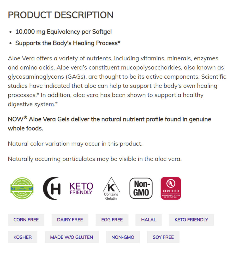 NOW Supplements, Aloe Vera (Aloe barbadensis) 10,000 mg, Supports Digestive Health*, 100 Softgels - Bloom Concept