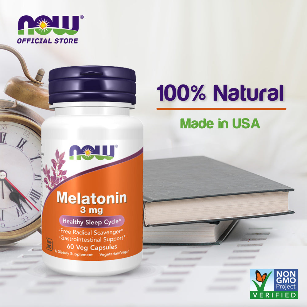 NOW Supplements, Melatonin 3 mg, Free Radical Scavenger*, Healthy Sleep Cycle*, 60 Veg Capsules - Bloom Concept