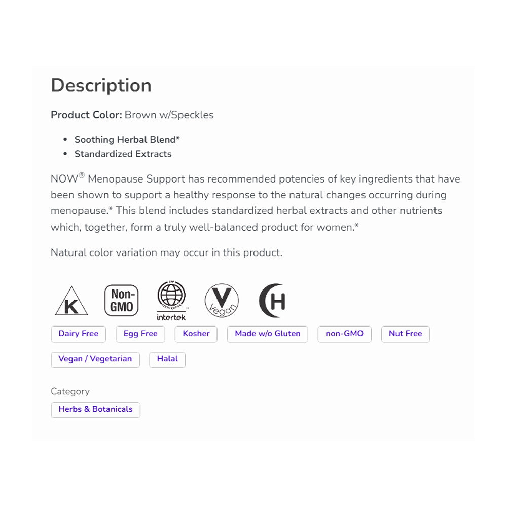 NOW Supplements, Menopause Support, Blend Includes Standardized Herbal Extracts and Other Nutrients, 90 Veg Capsules