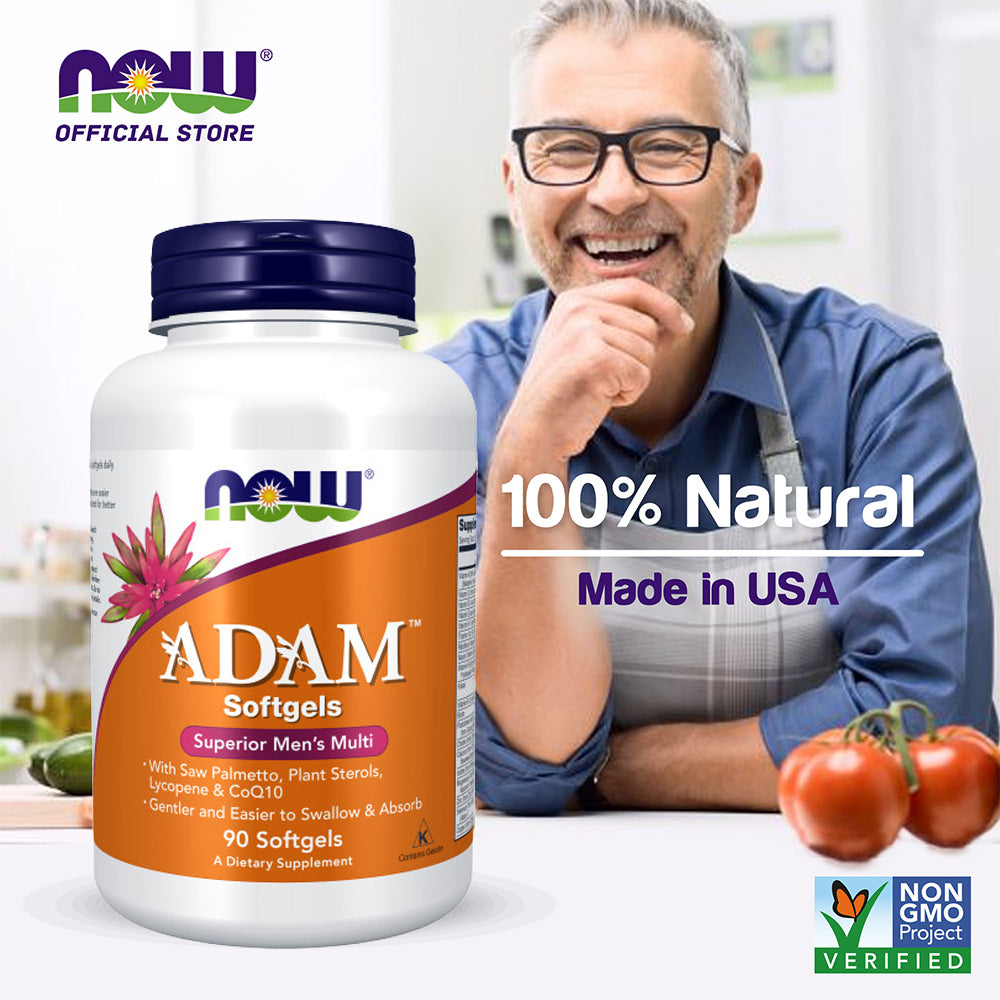 NOW Supplements, ADAM Men's Multivitamin with Saw Palmetto, Plant Sterols, Lycopene & CoQ10, 90 Softgels - Bloom Concept