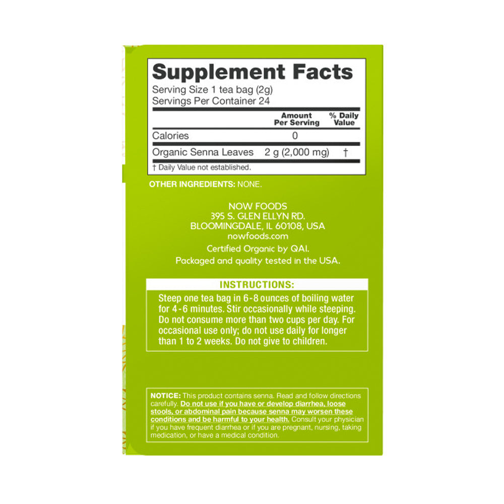 NOW Foods, Certified Organic Senna Tea, Caffeine Free, Relieving, Non-GMO, 24-Count - Bloom Concept