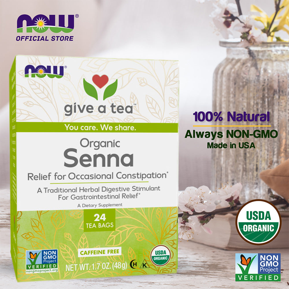 NOW Foods, Certified Organic Senna Tea, Caffeine Free, Relieving, Non-GMO, 24-Count - Bloom Concept