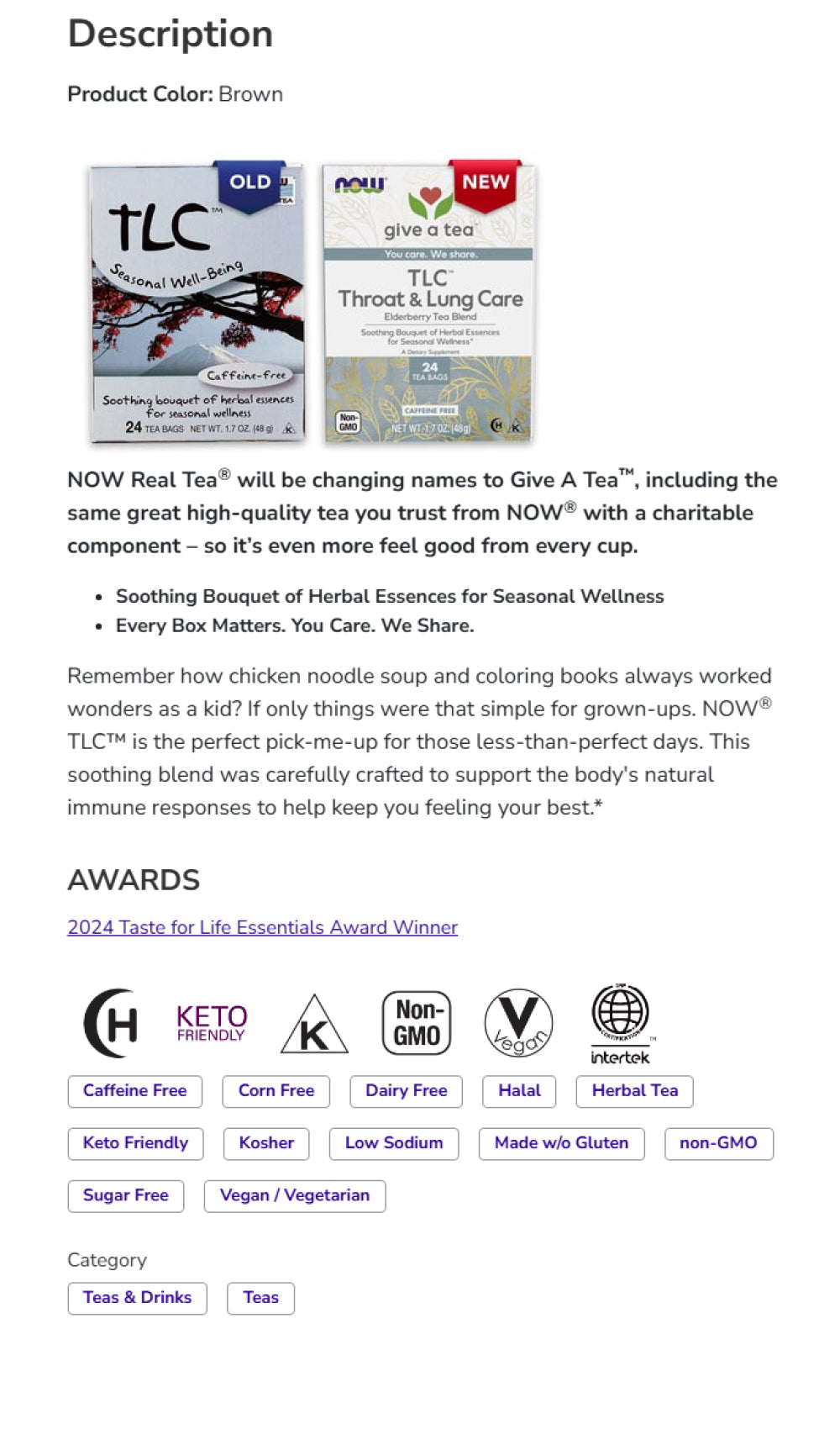 NOW Foods, TLC™ Tea, Seasonal Well-Being, Soothing Bouquet of Herbal Essences, Caffeine-Free, Premium Unbleached Tea Bags with our no-staples design, 24-Count Natural Foods NOW Foods USA