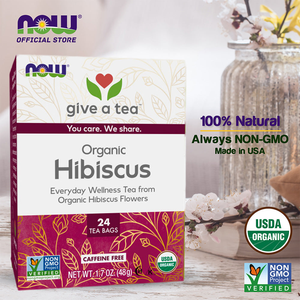 Now Foods, Organic Real Tea, Organically Hip Hibiscus, Caffeine-Free, 24 Tea Bags, 1.7 oz (48 g) - Bloom Concept