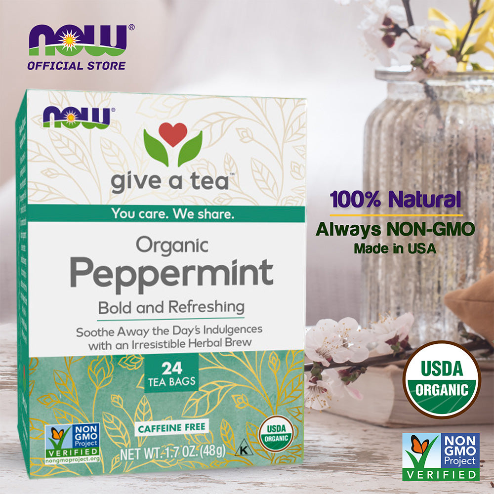 NOW Foods, Certified Organic Peppermint Tea, Soothing and Refreshing, Caffeine-Free, No Artificial Colors, Flavors, Preservatives or Sugars, 24-Count - Bloom Concept