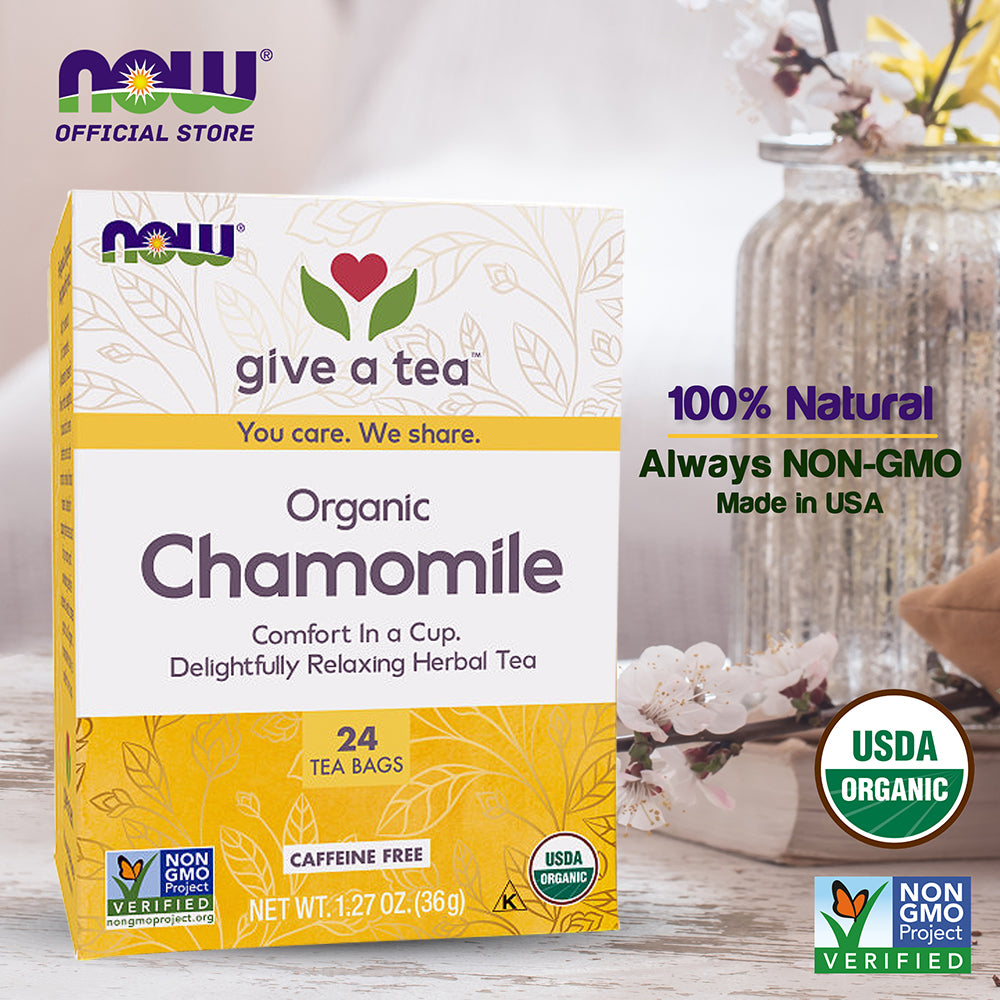 NOW Foods, Chamomile Tea, Comfort in a Cup, Relaxing and Caffeine-Free, Non-GMO, 24-Count - Bloom Concept