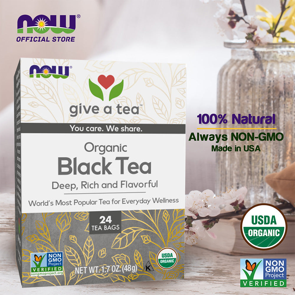 NOW Foods, Certified Organic Black Tea, Deep Rich Flavor, Non-GMO, with Catechins and Flavonols, 24-Count - Bloom Concept