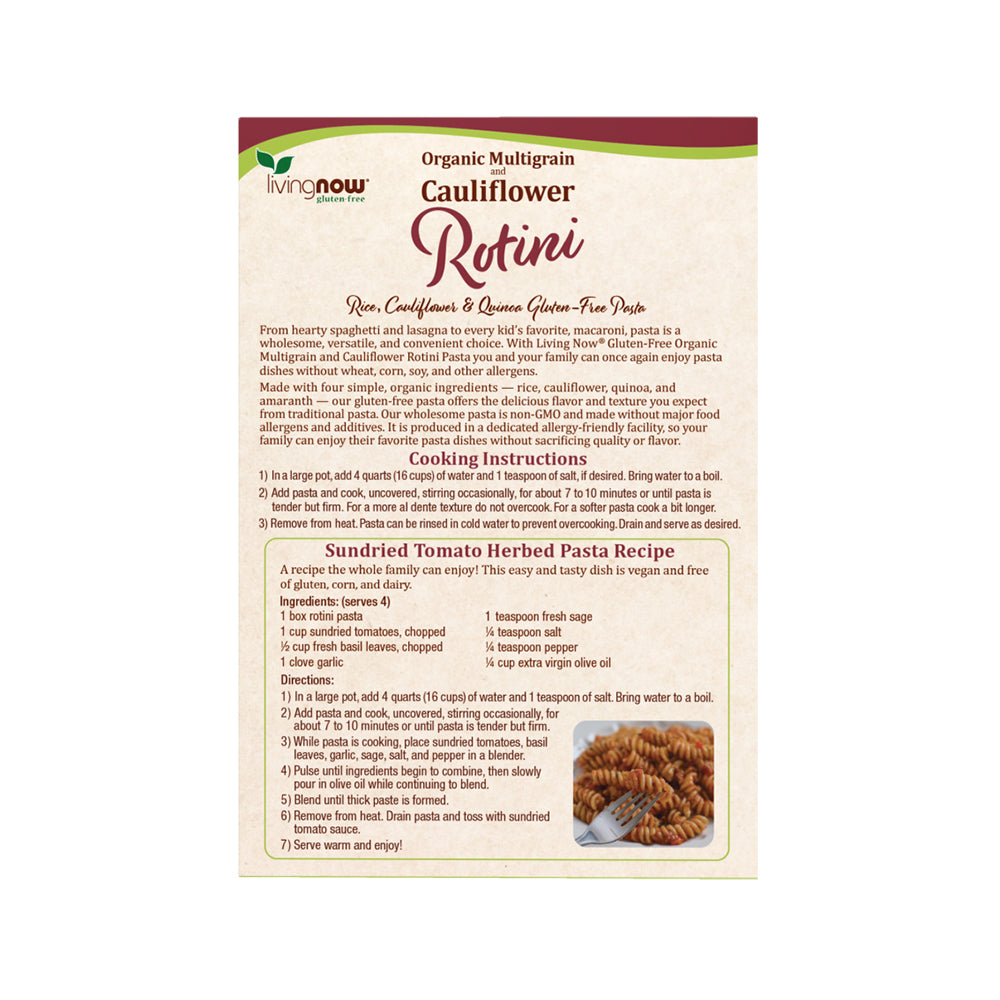 NOW, Living NOW, NOW Natural Foods, Organic Multigrain and Cauliflower Rotini Gluten Free Pasta, Made Without Dairy, Wheat, Soy, Nuts, Corn or Eggs, 8oz (227g)