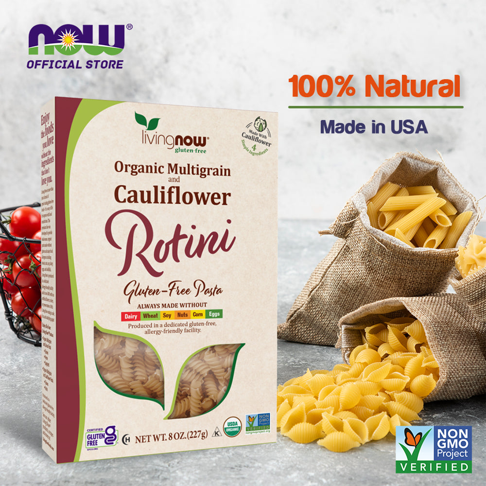 NOW, Living NOW, NOW Natural Foods, Organic Multigrain and Cauliflower Rotini Gluten Free Pasta, Made Without Dairy, Wheat, Soy, Nuts, Corn or Eggs, 8oz (227g) - Bloom Concept