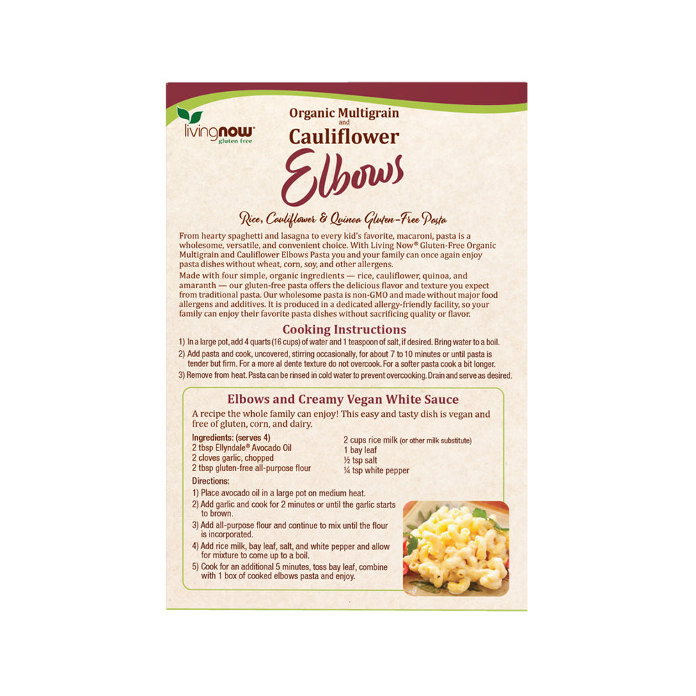 NOW, Living NOW, NOW Natural Foods, Organic Multigrain and Cauliflower Elbows Gluten Free Pasta, Made Without Dairy, Wheat, Soy, Nuts, Corn or Eggs, 8 oz (227g)