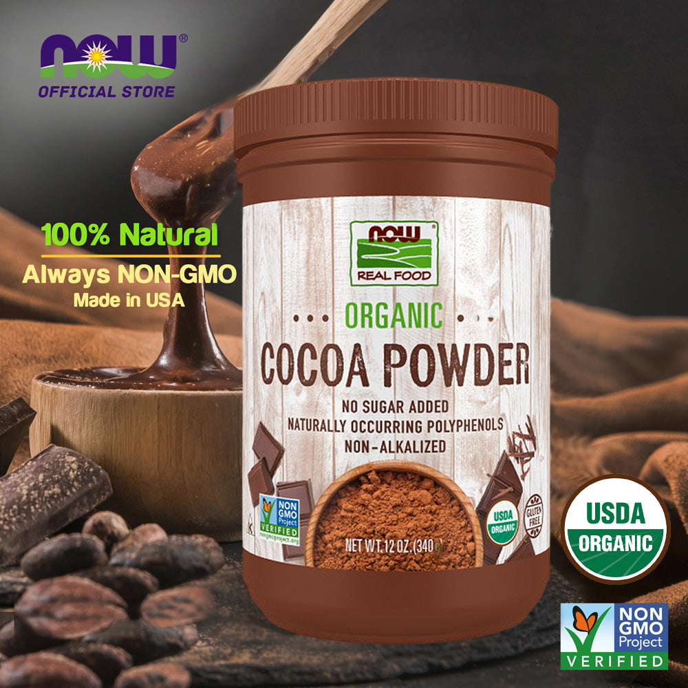NOW Foods, Cocoa Powder, Cocoa Cocoa Lovers™ Certified Organic, Pure, Non-Alkalized, with polyphenols, 12-Ounce (340g) - Bloom Concept