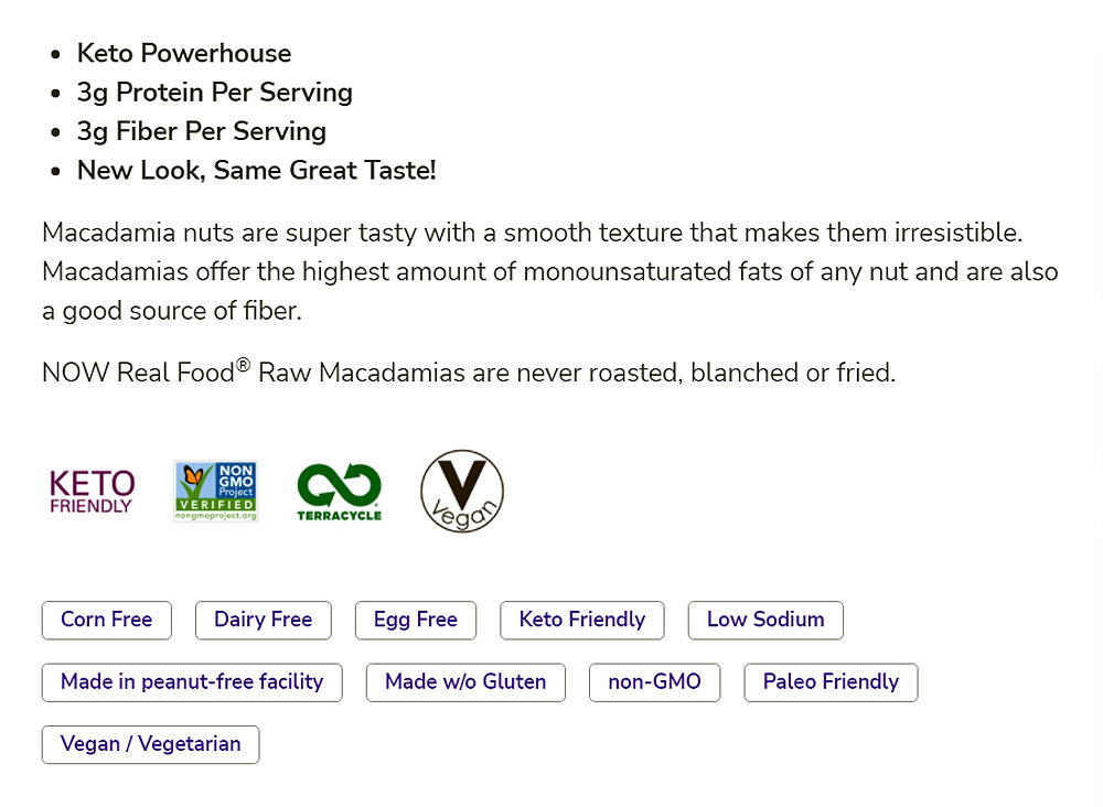 NOW Foods, Raw Macadamia Nuts, Unsalted, Good Source of Fiber, Non-GMO Project Verified, 8-Ounce (227 g) - Bloom Concept