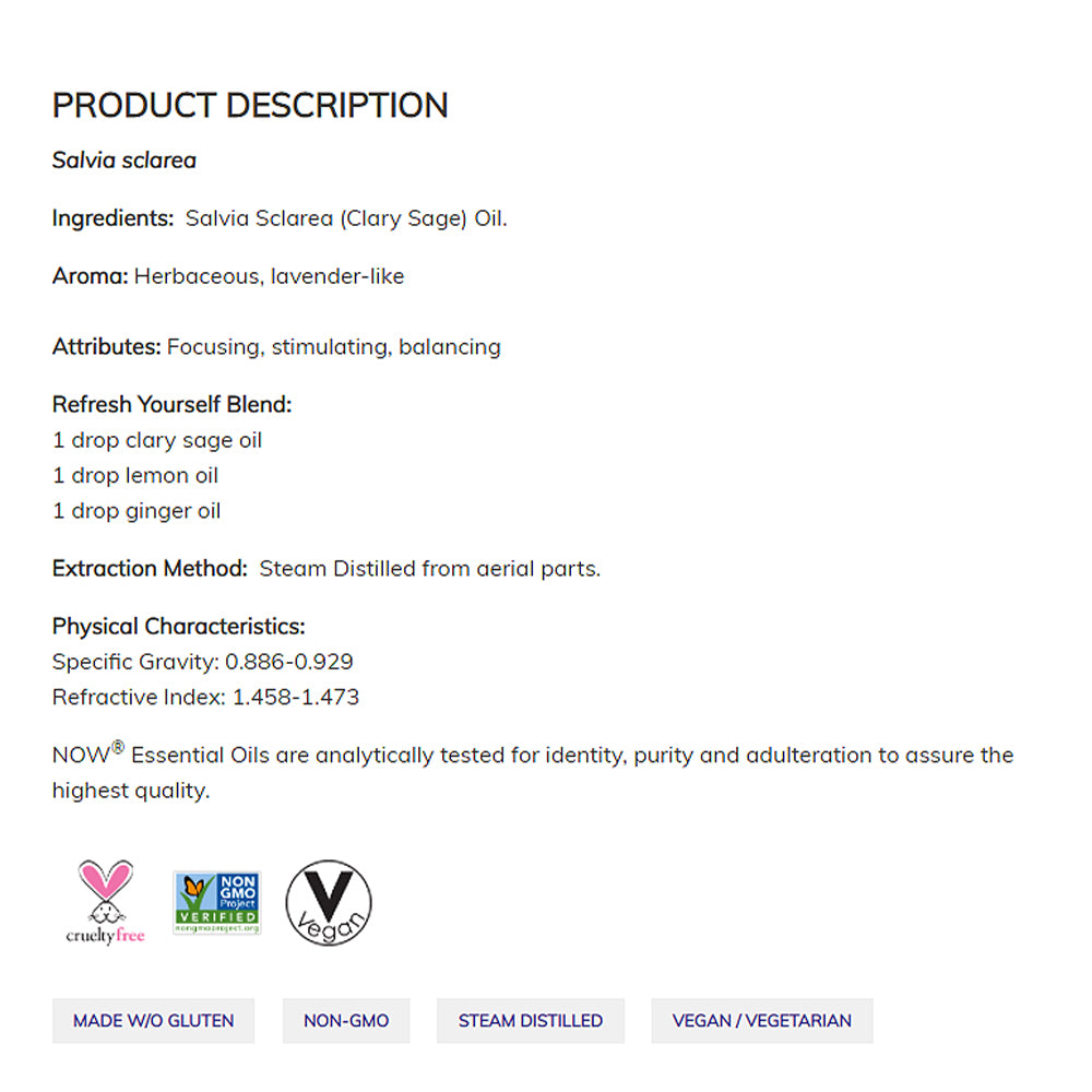 NOW Essential Oils, Clary Sage Oil, Focusing Aromatherapy Scent, Steam Distilled, 100% Pure, Vegan, Child Resistant Cap, 1-Ounce (30ml) - Bloom Concept