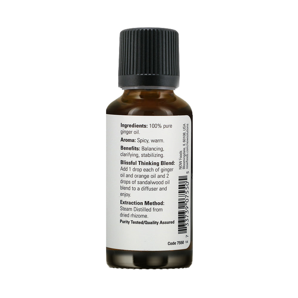 NOW FOODS Essential Oils, Ginger Oil, Spicy Aromatherapy Scent, Steam Distilled, 100% Pure, Vegan, Child Resistant Cap, 1-Ounce (30 ml) - Bloom Concept
