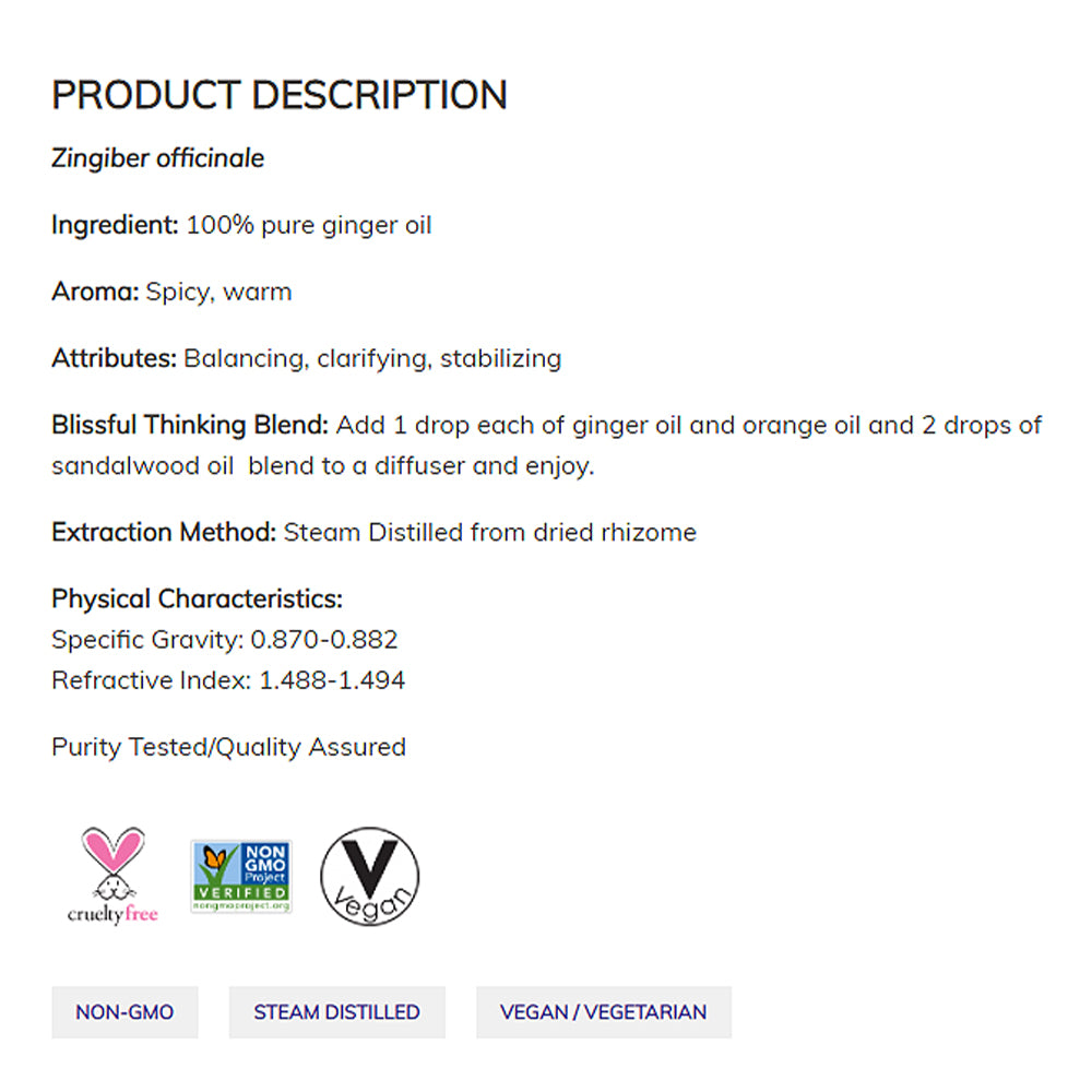 NOW FOODS Essential Oils, Ginger Oil, Spicy Aromatherapy Scent, Steam Distilled, 100% Pure, Vegan, Child Resistant Cap, 1-Ounce (30 ml) - Bloom Concept