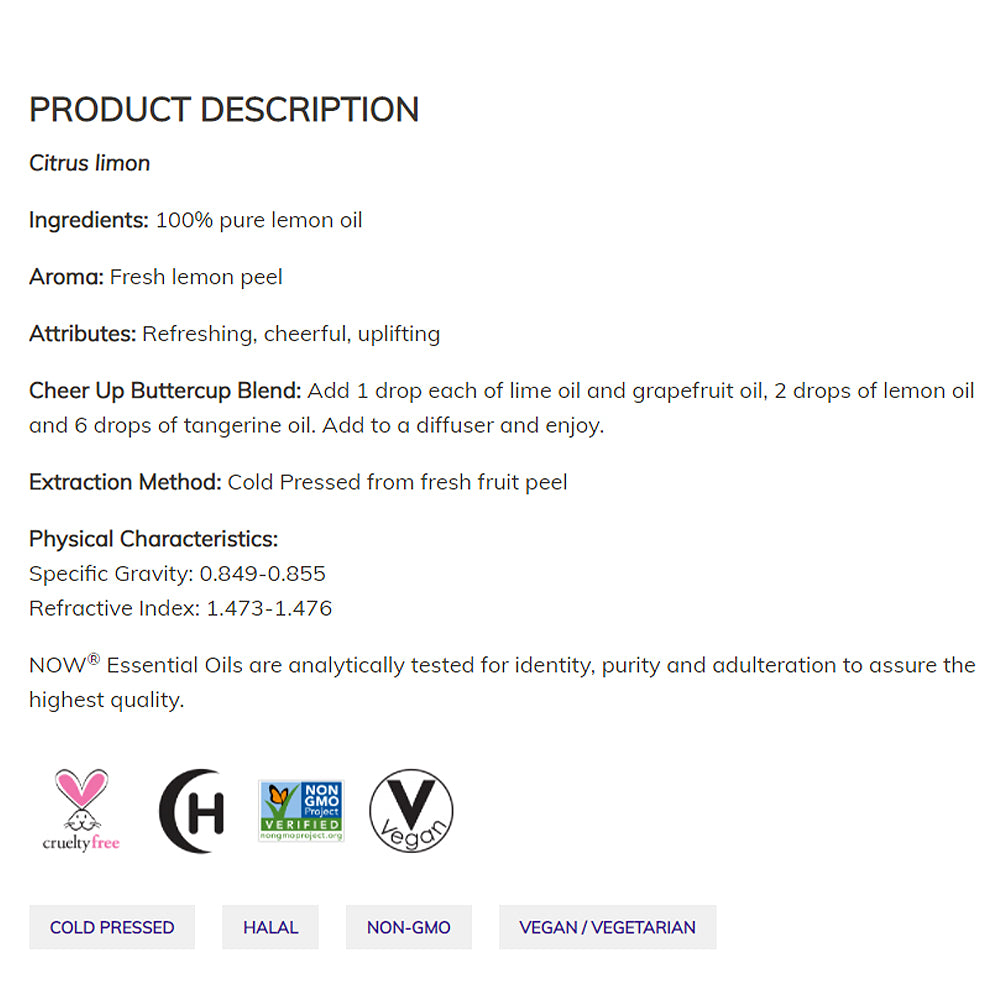 NOW FOODS Essential Oils, Lemon Oil, Cheerful Aromatherapy Scent, Cold Pressed, 100% Pure, Vegan, Child Resistant Cap, 1-Ounce (30 ml) Essential oils NOW Foods USA