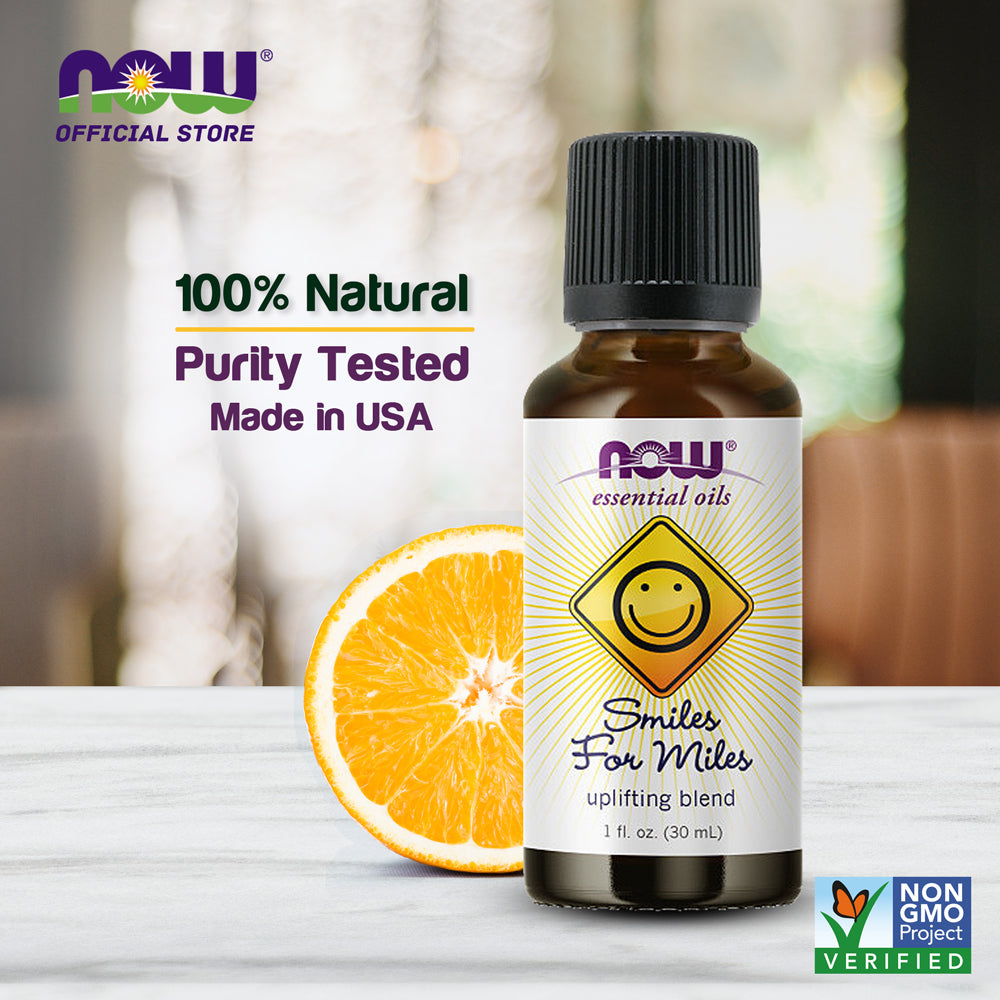 NOW Essential Oils, Smiles for Miles Aromatherapy Blend, Refreshing Aromatherapy Scent, Blend of Pure Essential Oils, Vegan, Child Resistant Cap, 1-Ounce (30ml) - Bloom Concept