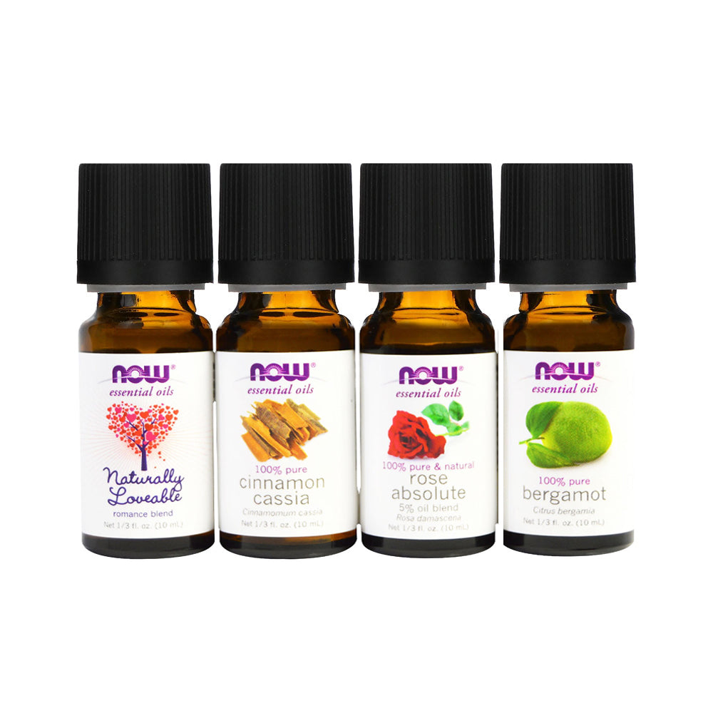 NOW Essential Oils, Love at First Scent Aromatherapy Kit, 4x10ml Including Bergamot, Cinnamon Cassia, Rose Absolute and our Naturally Loveable Essential Oil Blend With Child Resistant Caps Essential oils NOW Foods USA