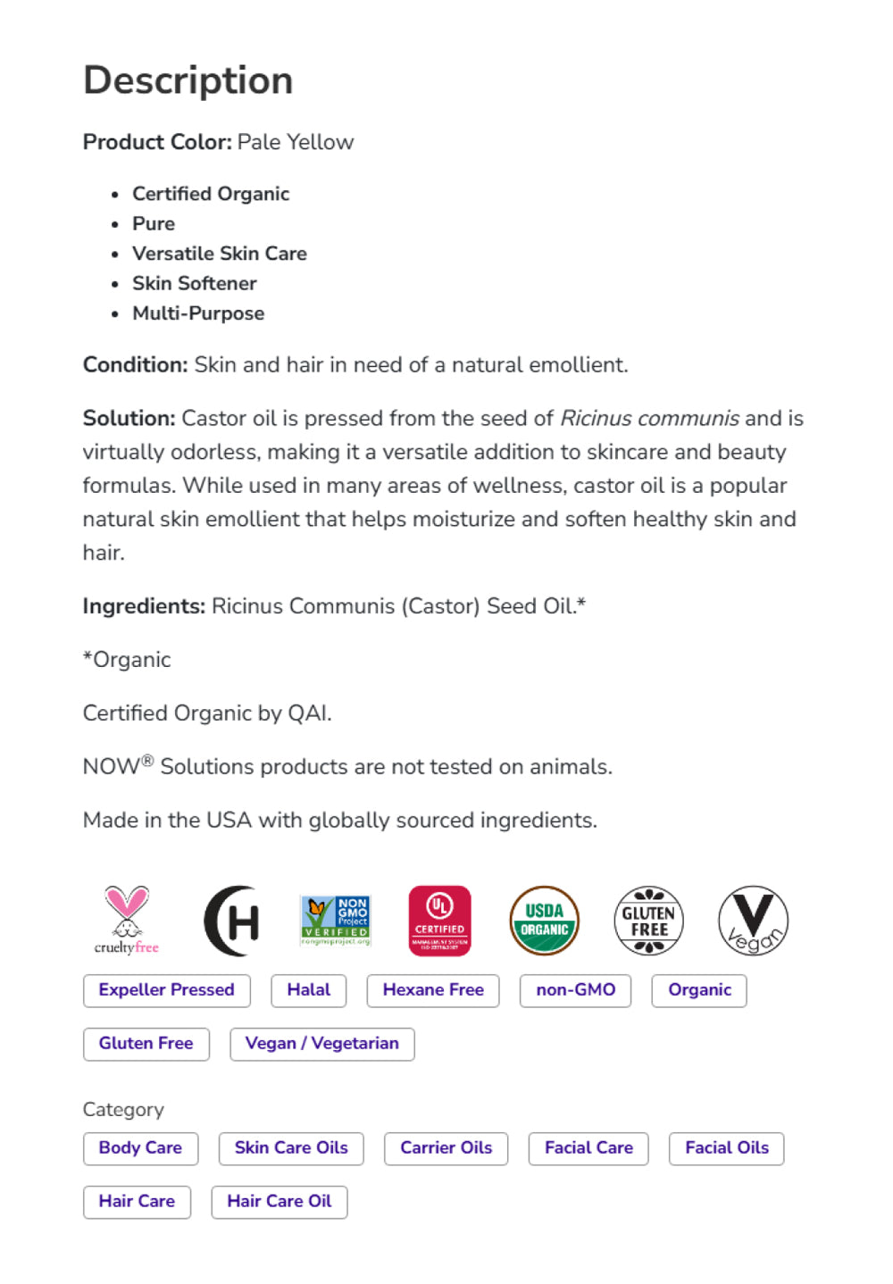 NOW Solutions, Organic Castor Oil, 100% Pure Versatile Skin Care, Multi-Purpose Skin Softener 16oz, (473ml) Personal Care NOW Foods USA