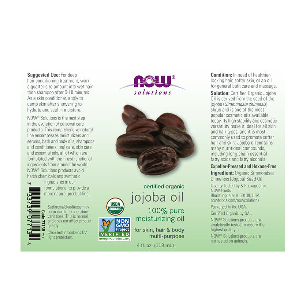 NOW Solutions, Organic Jojoba Oil, Moisturizing Multi-Purpose Oil for Face, Hair and Body, 4-Ounce (118ml) - Bloom Concept