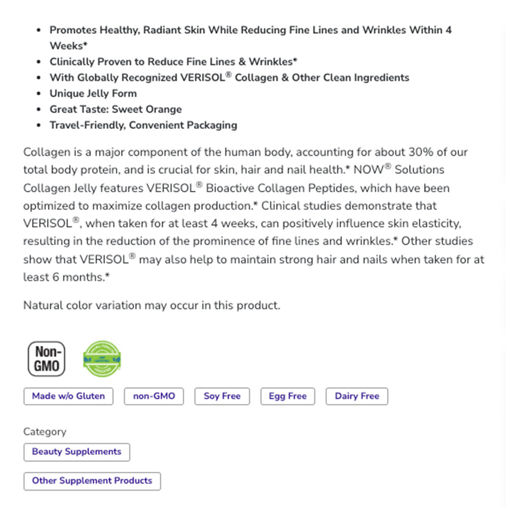 NOW Solutions, Collagen Jelly Beauty Complex, Sweet Orange Flavor, 10 Jelly Sticks Vitamins & Supplements NOW Foods USA