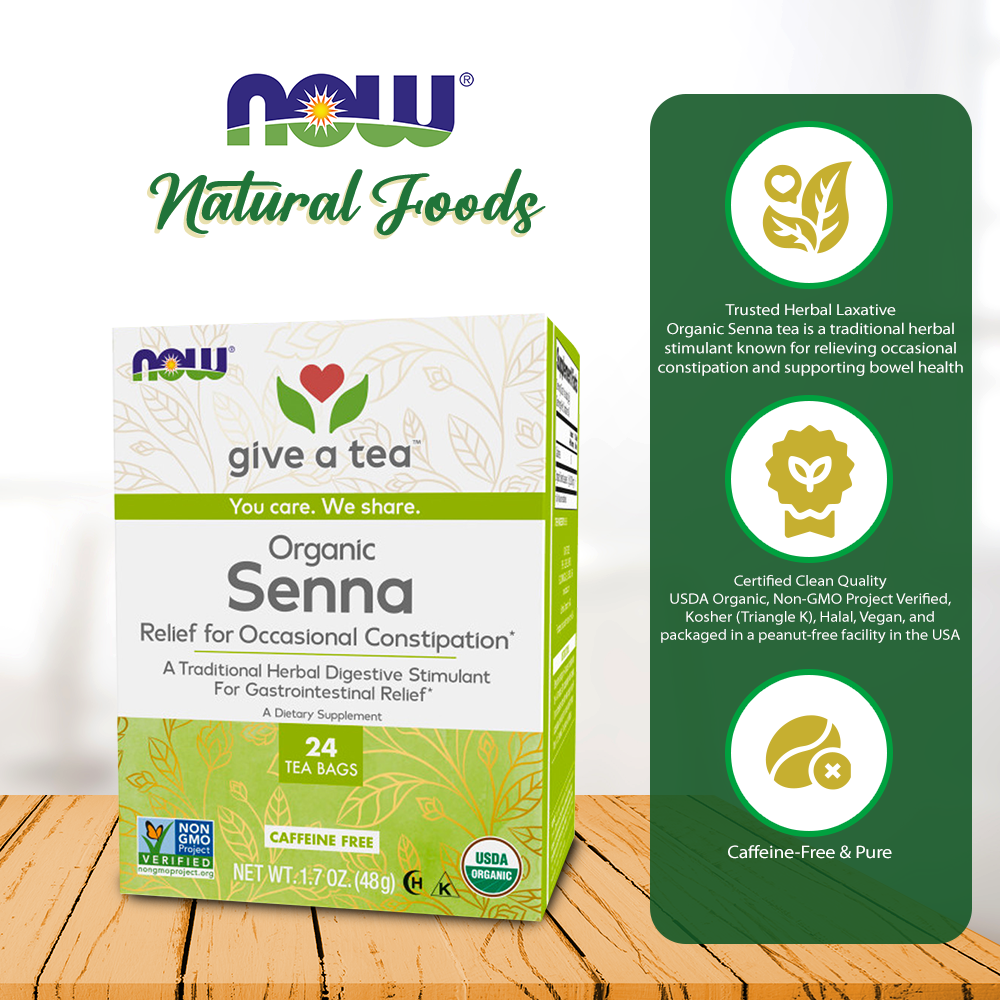 NOW Foods, Certified Organic Senna Tea, Caffeine Free, Relieving, Non-GMO, 24-Count Natural Foods NOW Foods USA