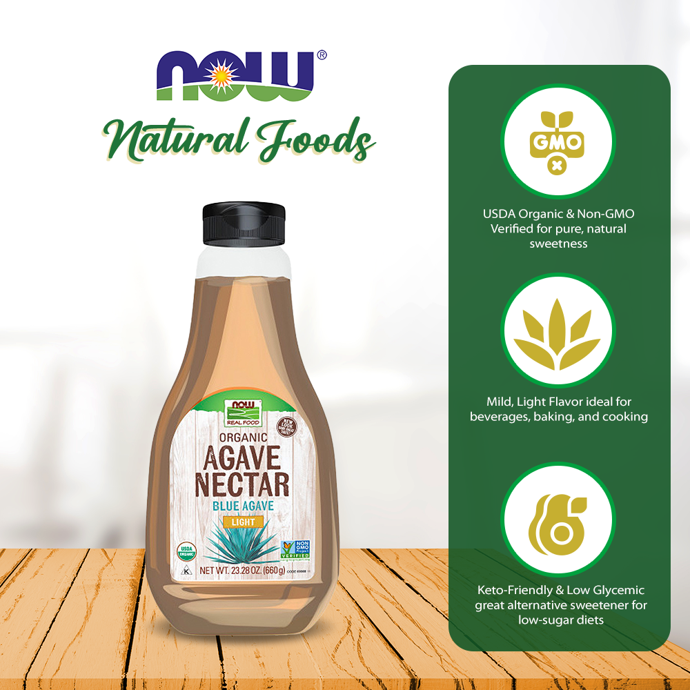 NOW Foods, Certified Organic Light Agave Nectar, Blue Agave, Certified  Non-GMO, Low-Glycemic Sweetener, Kosher, 23.2-Ounce (660 g)
