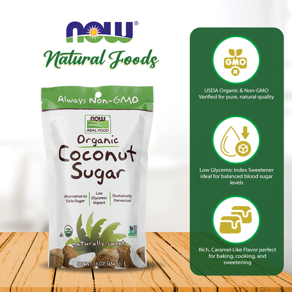 NOW Foods, Certified Organic Coconut Sugar, Alternative to Table Sugar, Low Glycemic Impact, from Sustainably Harvested Coconuts, Certified Non-GMO, 16-Ounce (454g) Natural Foods NOW Foods USA