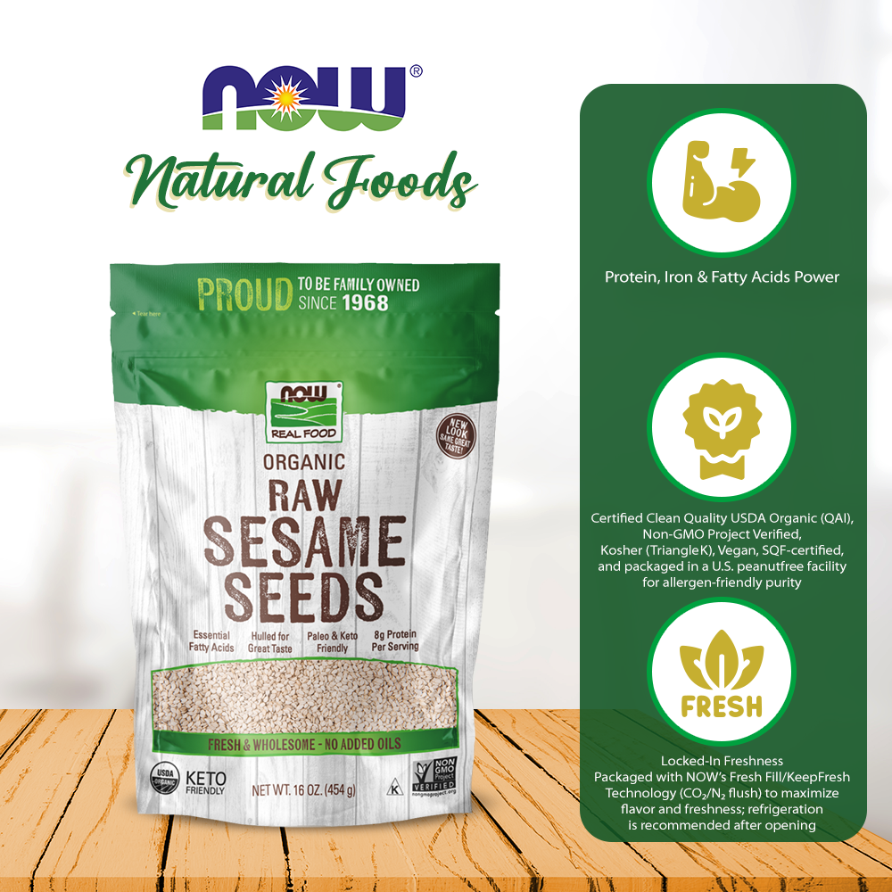 NOW Foods, Certified Organic Sesame Seeds, Source of Protein, Iron and Fatty Acids, Hulled for Great Taste, Certified Non-GMO, 16-Ounce (454 g) Natural Foods NOW Foods USA